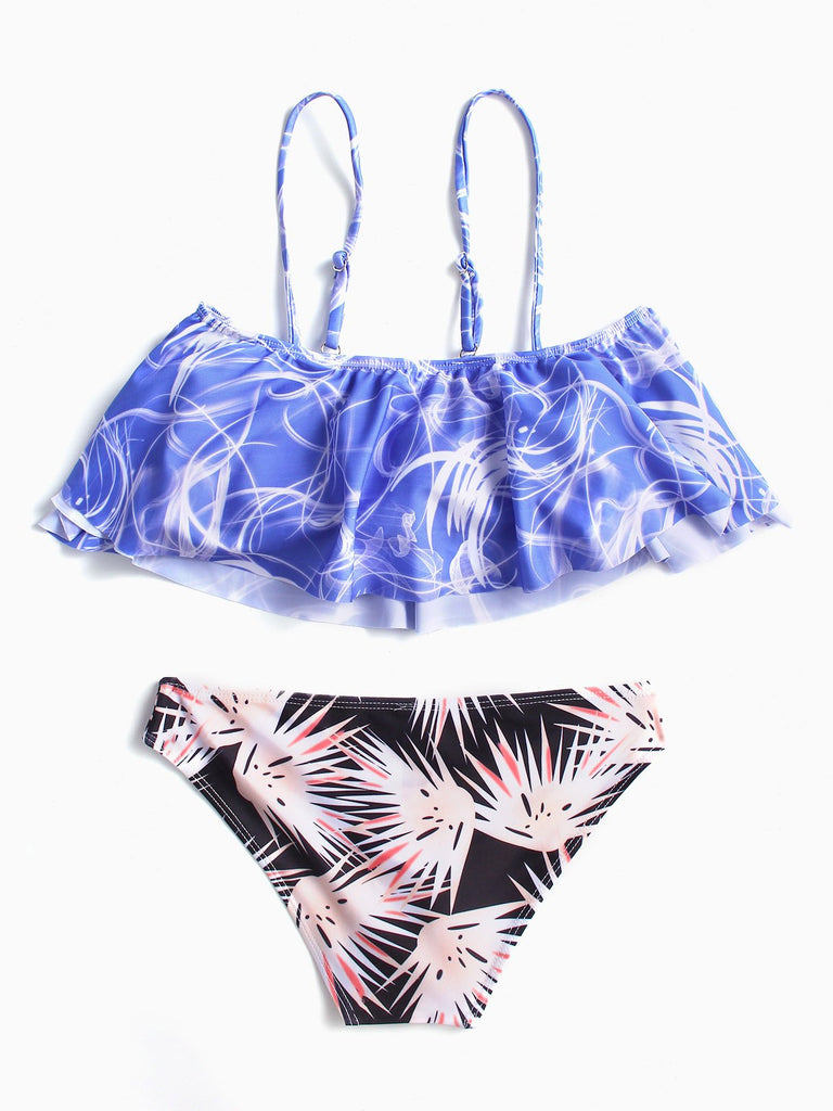 Blue Off The Shoulder Sleeveless Floral Print Flounced Hem Two Piece Bikinis