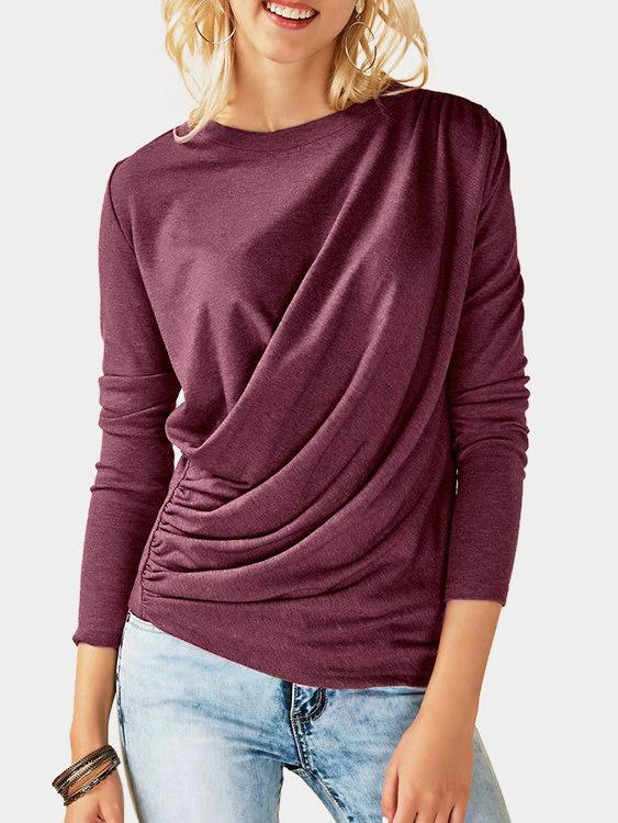 Crew Neck Plain Pleated Long Sleeve T-Shirts