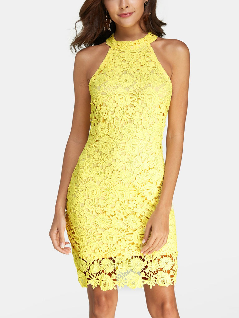 Yellow Halter Sleeveless Lace Tiered Zip Back Hollow Mini Dress