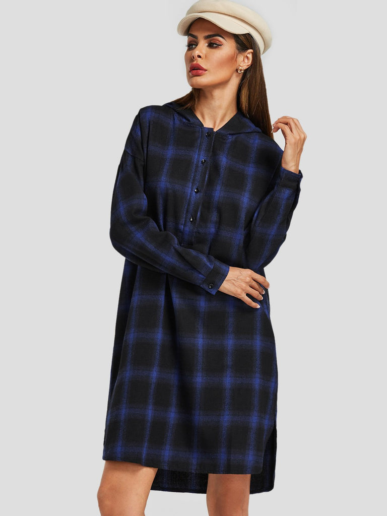 Grid Printed Hooded Long Sleeve Slit Hem Black Shirt Dresses