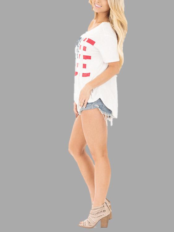 One Shoulder Printed Short Sleeve White T-Shirts