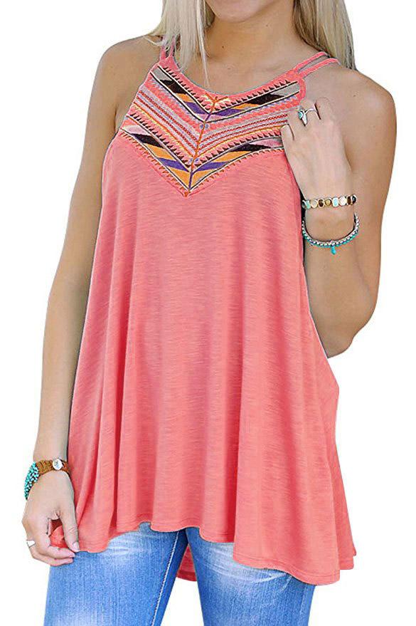 Round Neck Floral Print Backless Sleeveless Irregular Hem Watermelon Red Camis