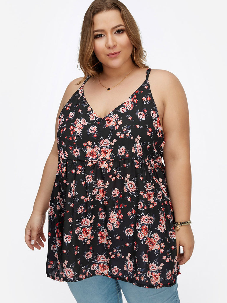 V-Neck Floral Print Calico Pleated Spaghetti Strap Sleeveless Flounced Hem Plus Size Tops