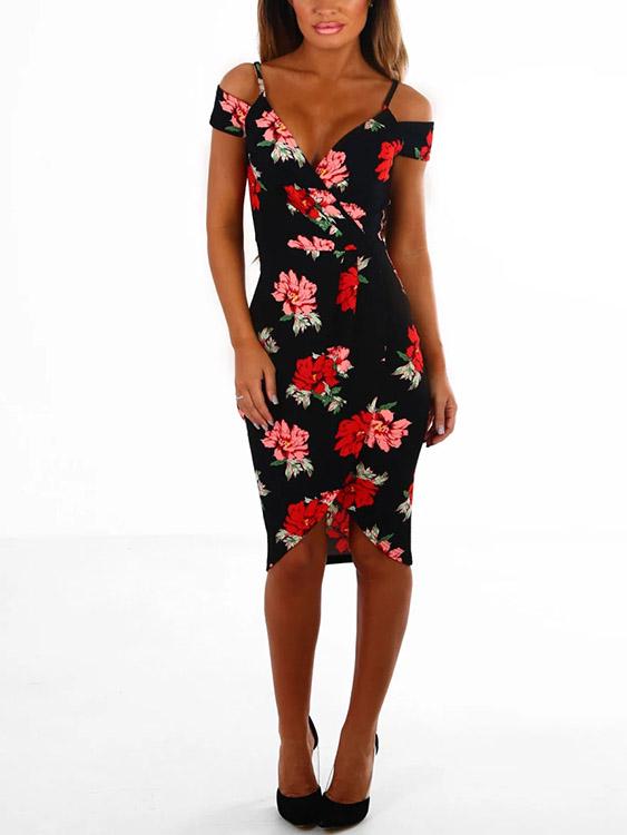 V-Neck Cold Shoulder Short Sleeve Floral Print Crossed Front Dresses