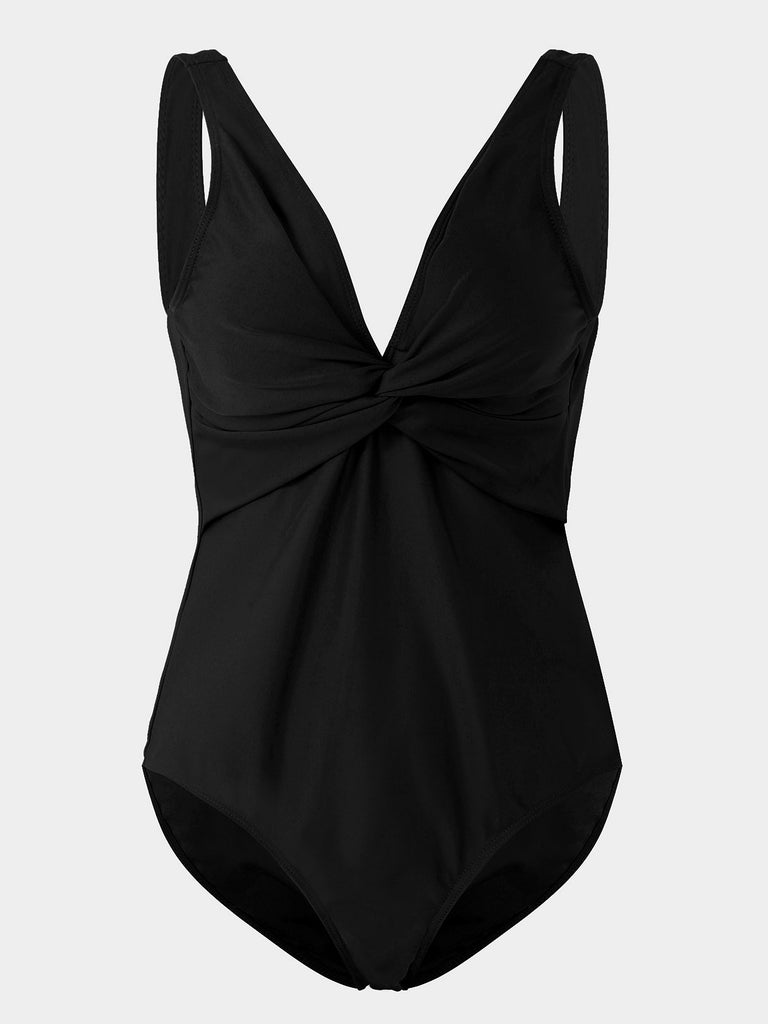 V-Neck Sleeveless Plain Crossed Front Backless One-Pieces Swimwears