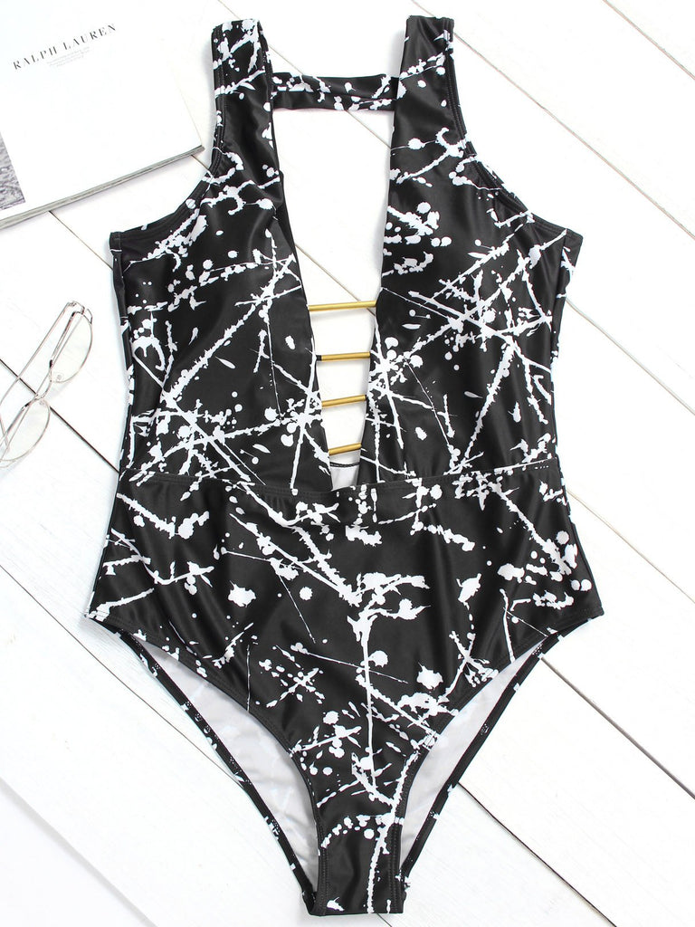 Deep V Neck Printed Backless Hollow Wireless Sleeveless Black Plus Size Swimwear