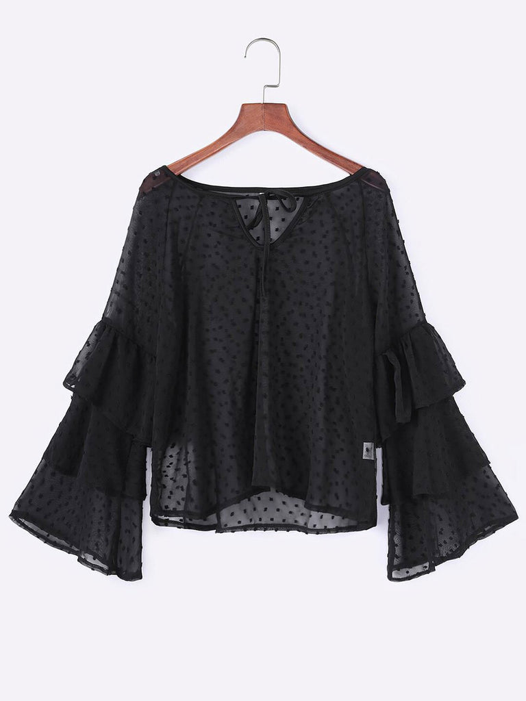 Round Neck Polka Dot Tiered Cut Out Self-Tie Long Sleeve Black Blouses