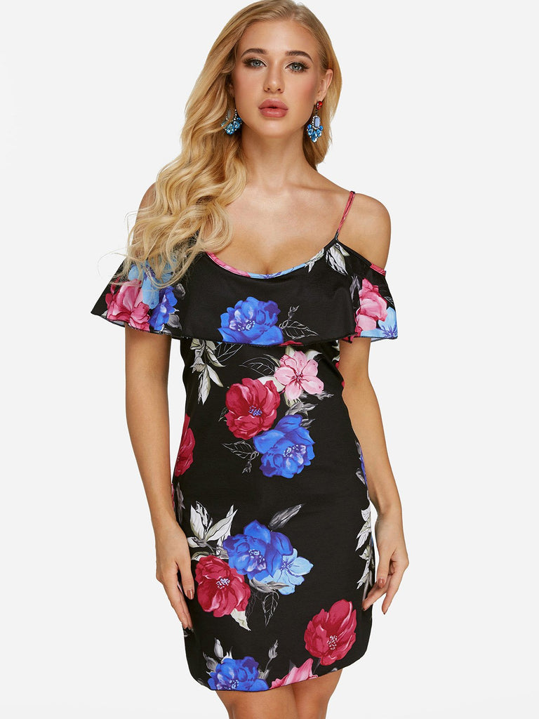 Black Cold Shoulder Short Sleeve Floral Print Mini Dresses