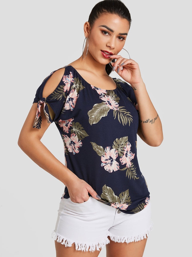 Cold Shoulder Floral Print Short Sleeve Navy T-Shirts