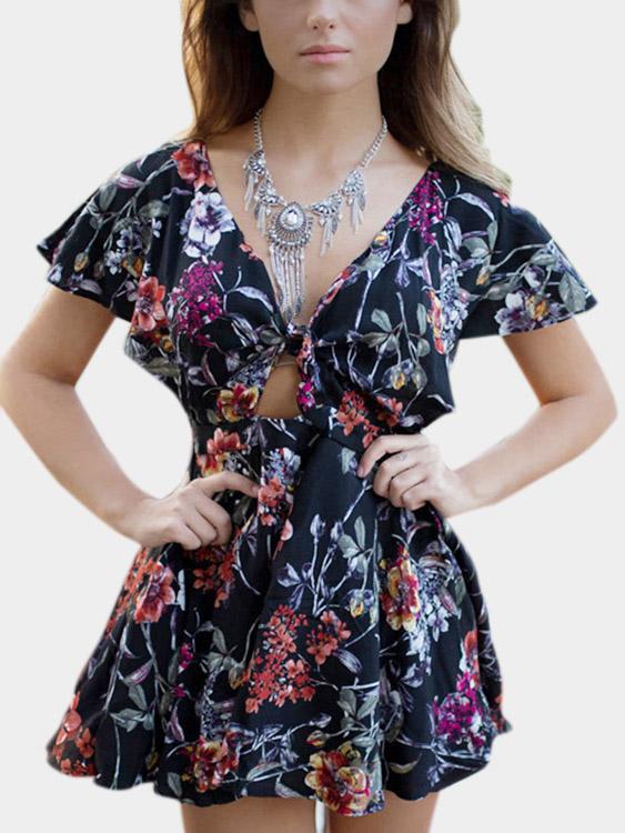 V-Neck Short Sleeve Floral Print Dress