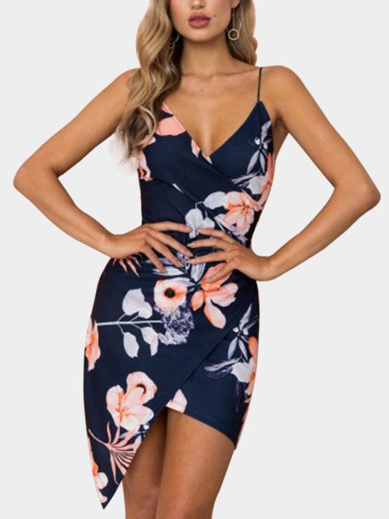 Navy V-Neck Sleeveless Floral Print Crossed Front Backless Wrap Irregular Hem Mini Dress