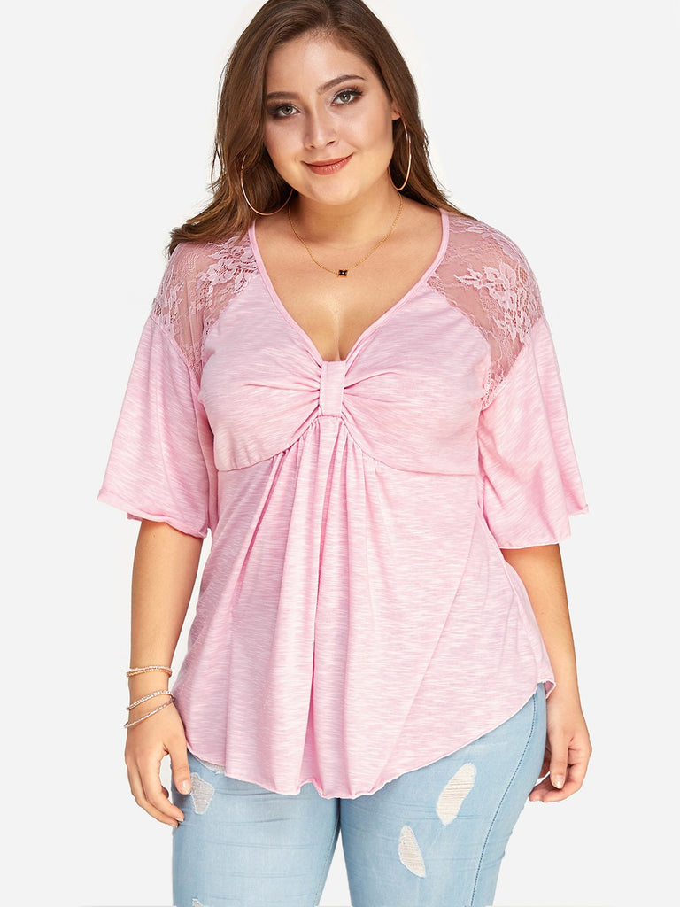 V-Neck Plain Lace Pleated Half Sleeve Pink Plus Size Tops