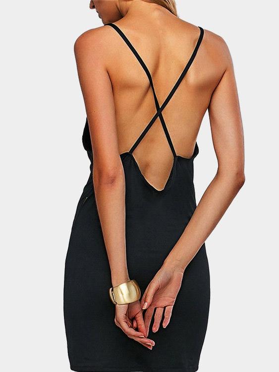 Black Sleeveless Plain Backless Mini Dress