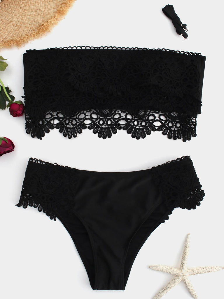 Black Tube Top Lace Self-Tie Two Piece Bikini
