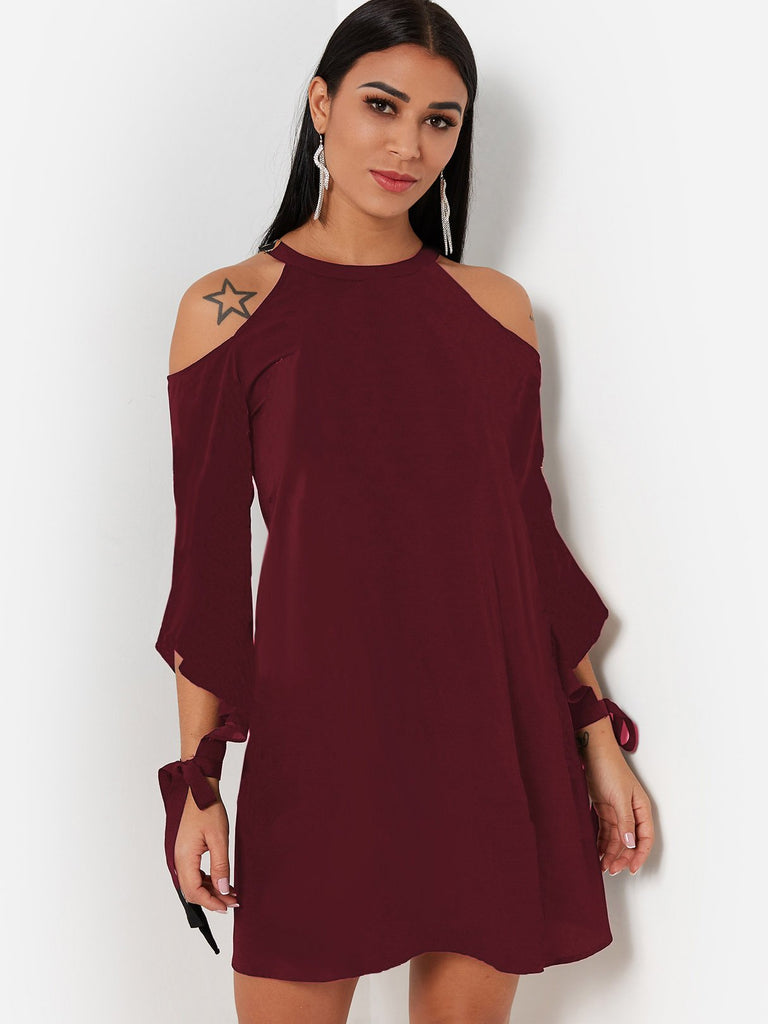 Halter Cold Shoulder 3/4 Sleeve Length Plain Tie-Up Casual Dresses