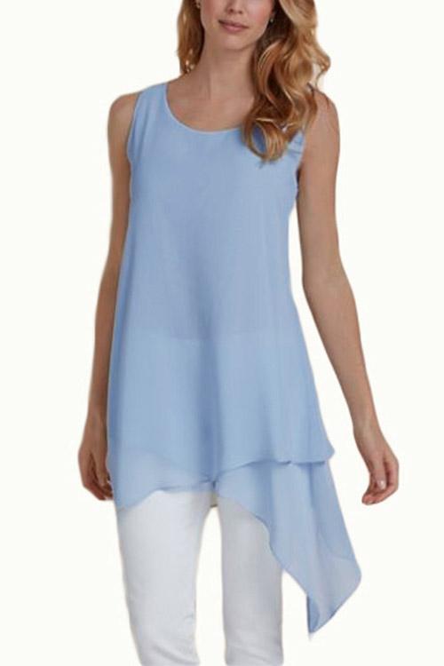 Round Neck Plain Sleeveless Irregular Hem Light Blue Tank Top