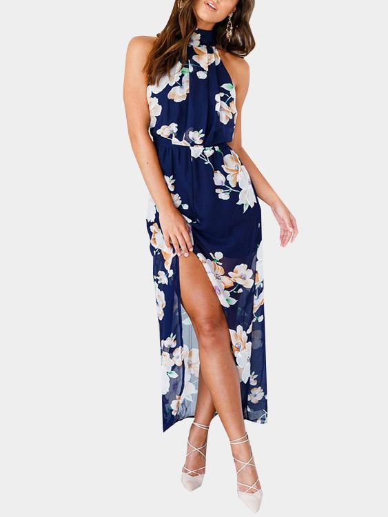 Navy Halter Sleeveless Floral Print Backless Slit Hem Maxi Dress