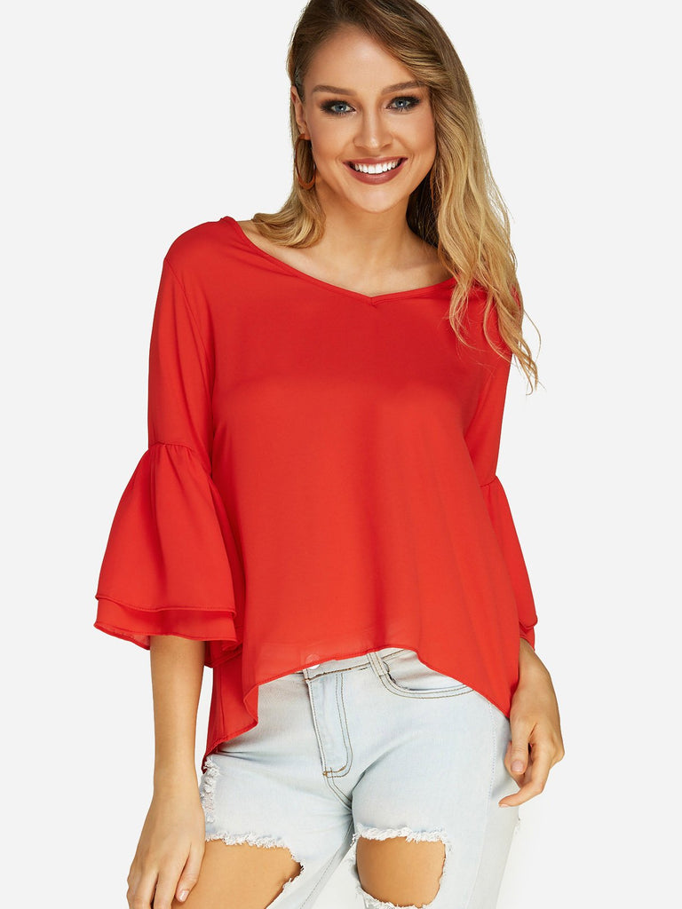V-Neck 3/4 Sleeve Irregular Hem Red T-Shirts