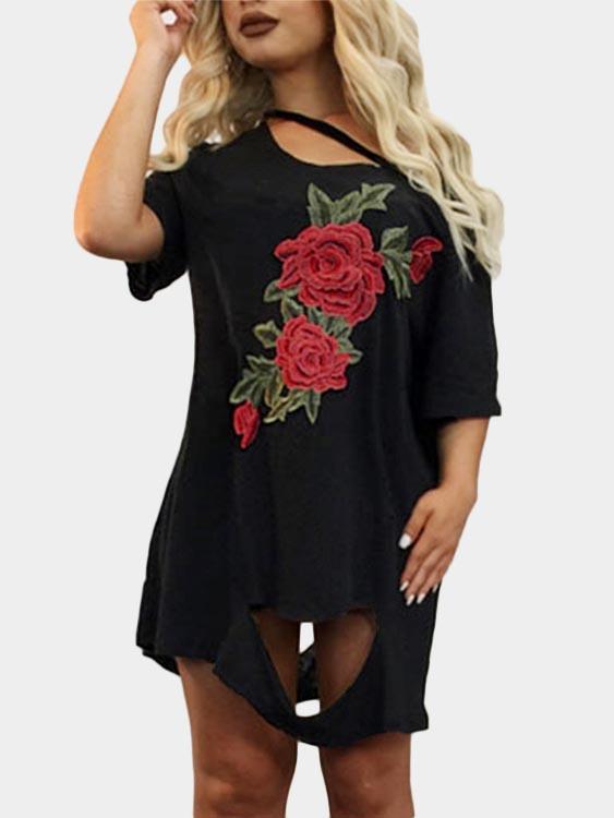 Black Scoop Neck Short Sleeve Embroidered Cut Out Dresses