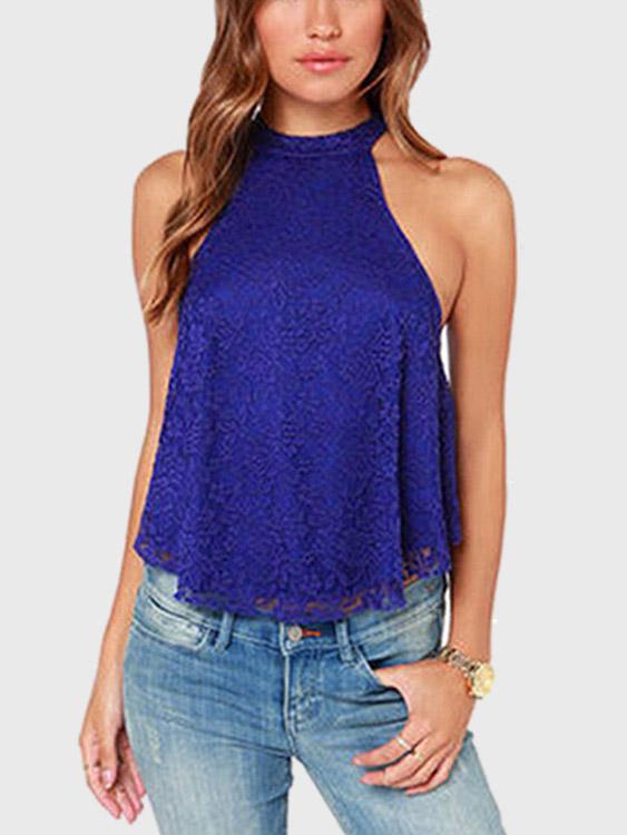 Halter Plain Cut Out Sleeveless Dark Blue Camis