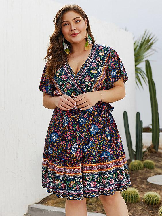 V-Neck Tribal Print Short Sleeve Blue Plus Size Dress