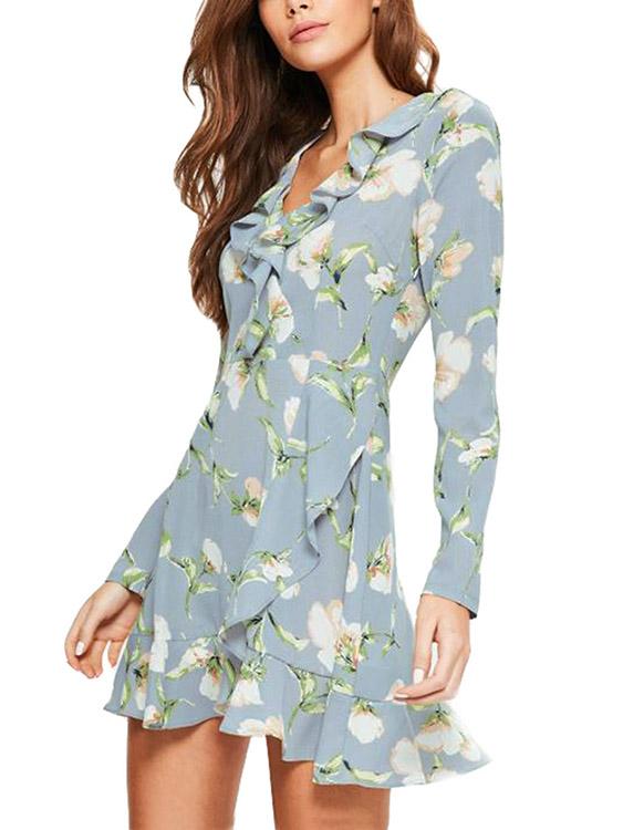 V-Neck Long Sleeve Floral Print Slit Ruffle Hem Mini Dress