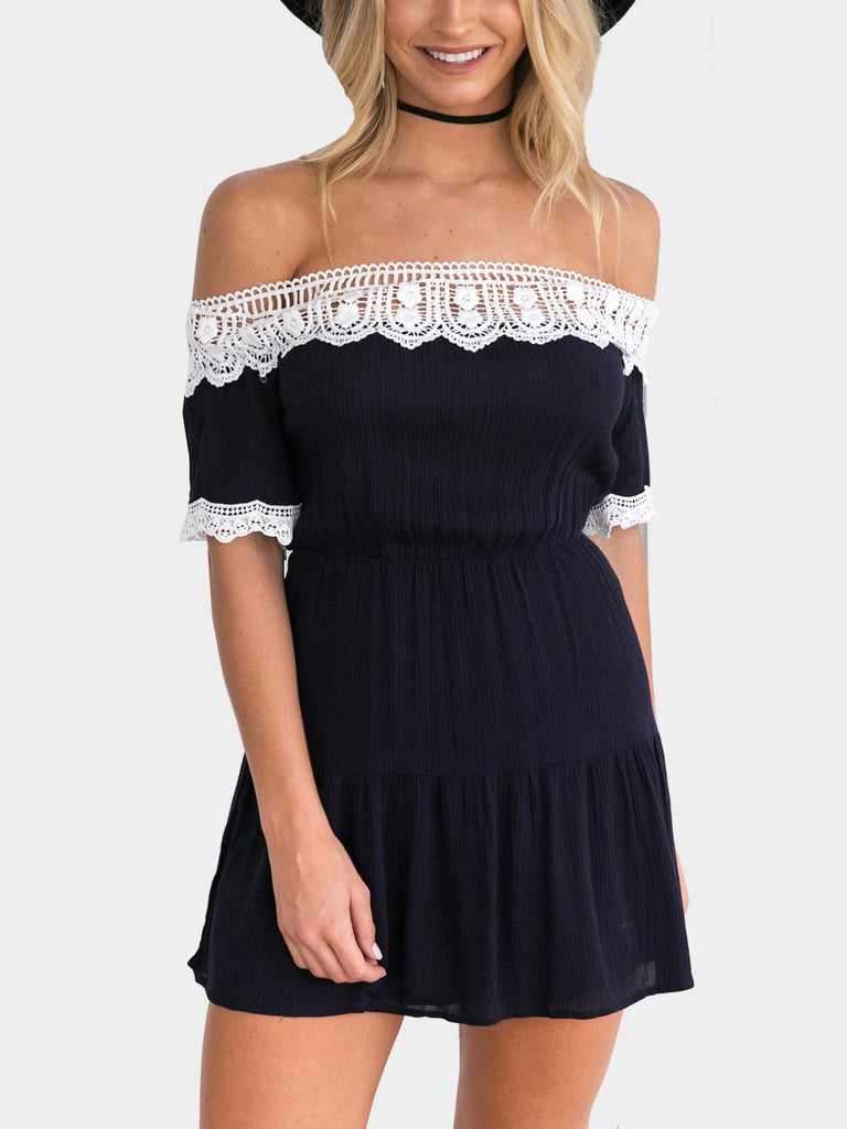 Navy Off The Shoulder Short Sleeve Lace Backless Mini Dress