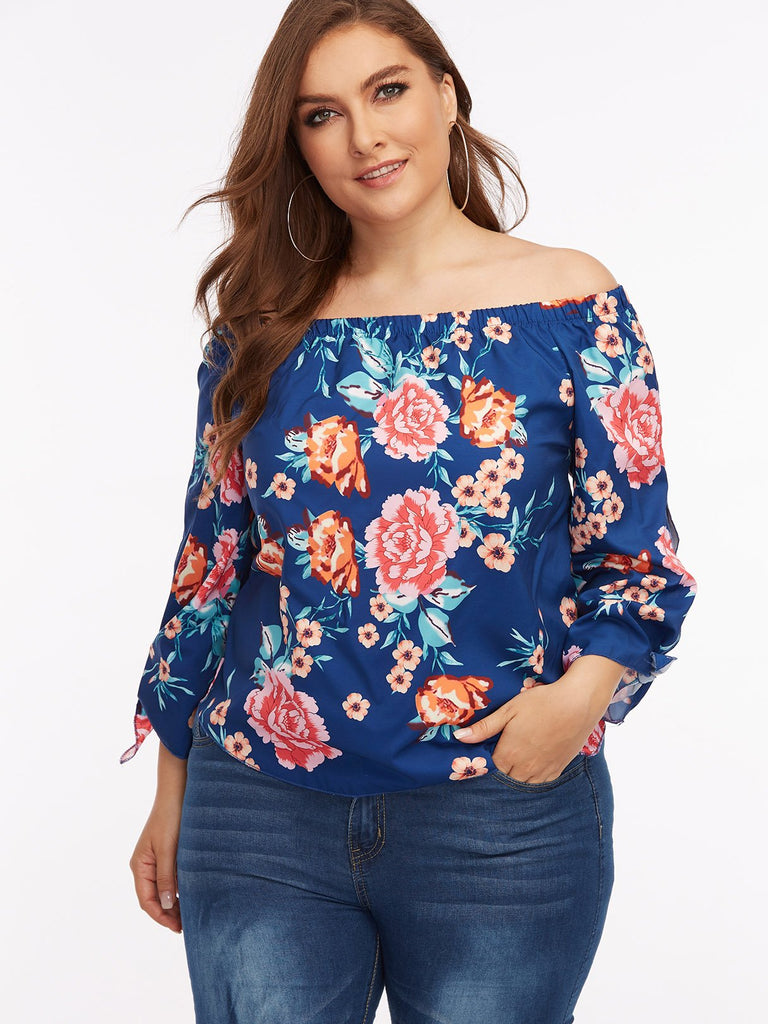 Off The Shoulder Floral Print 3/4 Sleeve Curved Hem Plus Size Tops