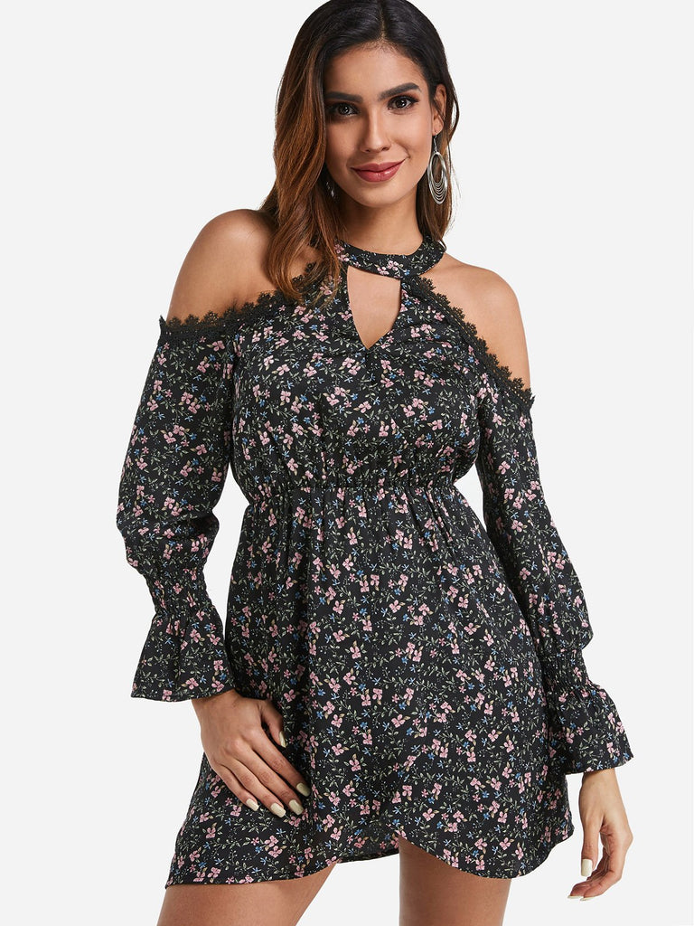 Black Halter Cold Shoulder Long Sleeve Floral Print Lace Trim Irregular Hem Dresses