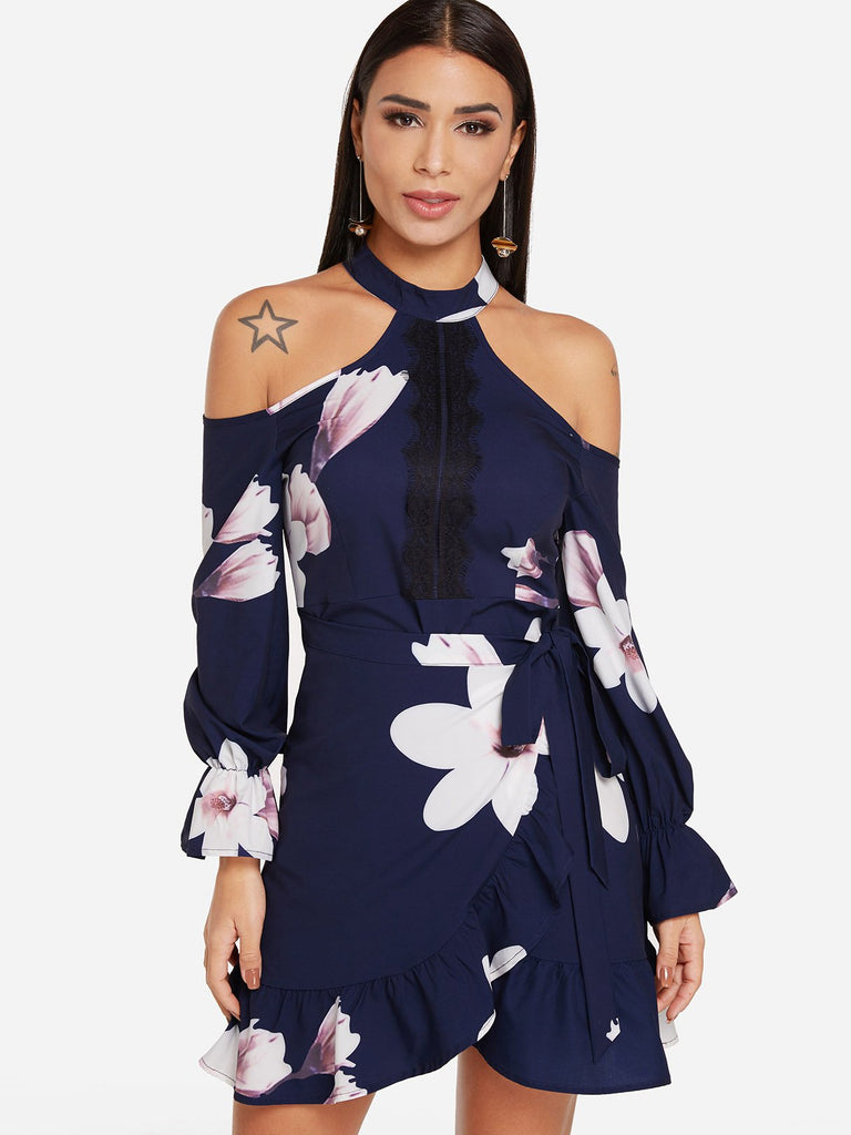 Navy Cold Shoulder Long Sleeve Floral Print Self-Tie Mini Dresses