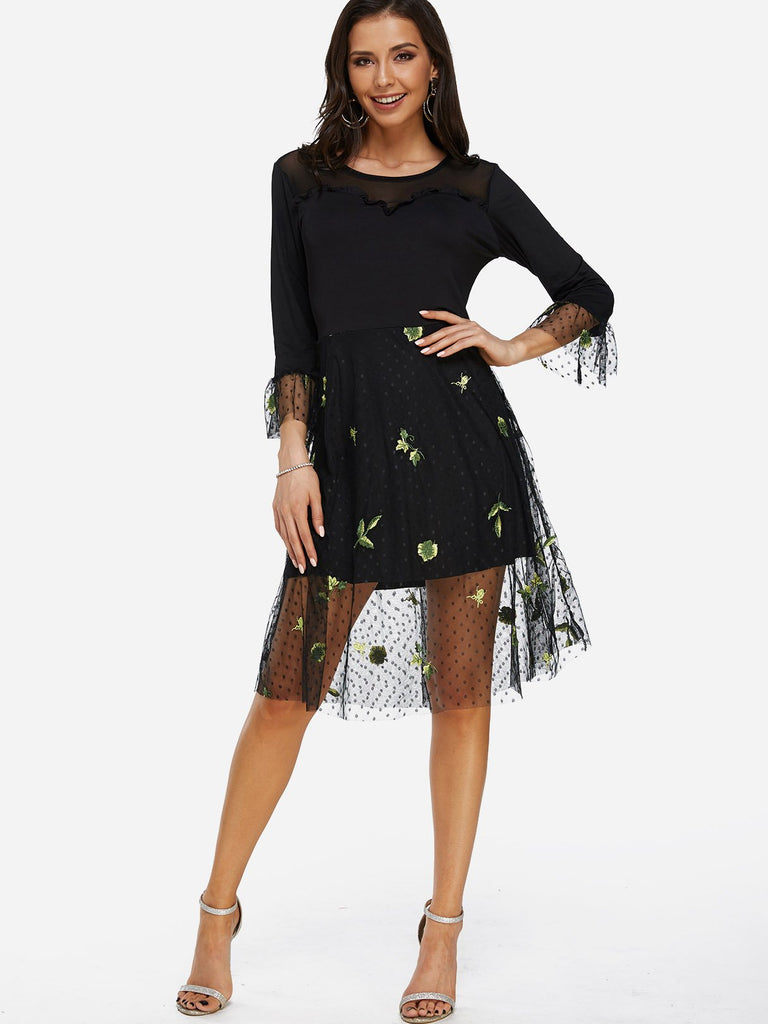 Black Round Neck 3/4 Length Sleeve Embroidered See Through Stitching Hem Midi Dress