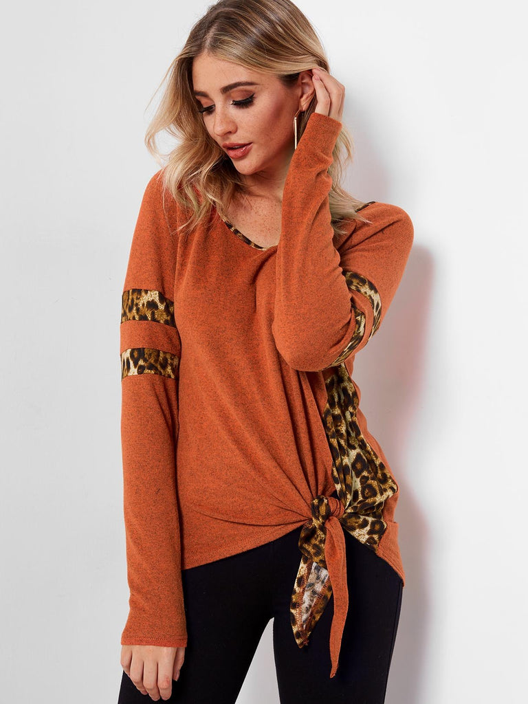 Round Neck Stripe Leopard Lace-Up Long Sleeve Orange T-Shirts