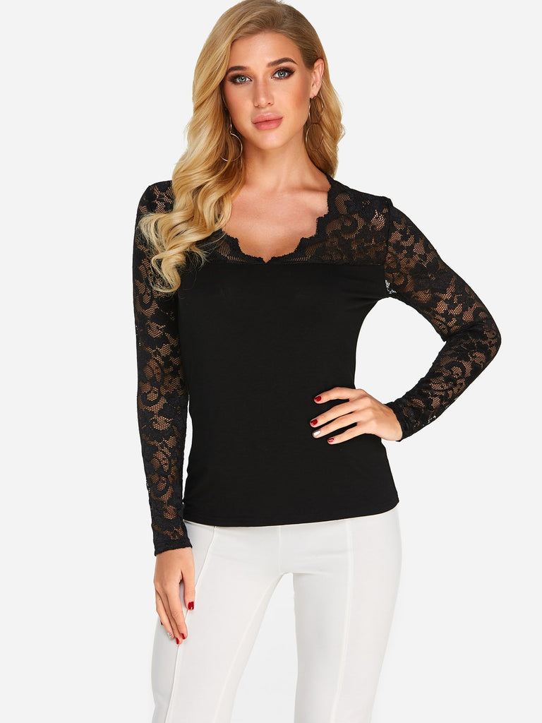 Lace Long Sleeve Black T-Shirts