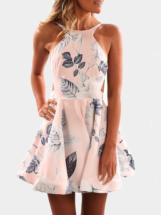Pink Sleeveless Floral Print Backless Dresses