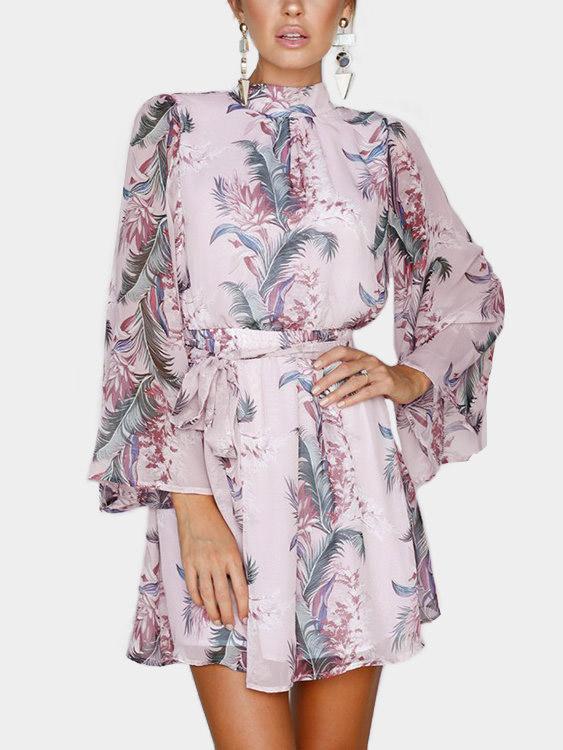 3/4 Length Sleeve Floral Print Backless Dresses