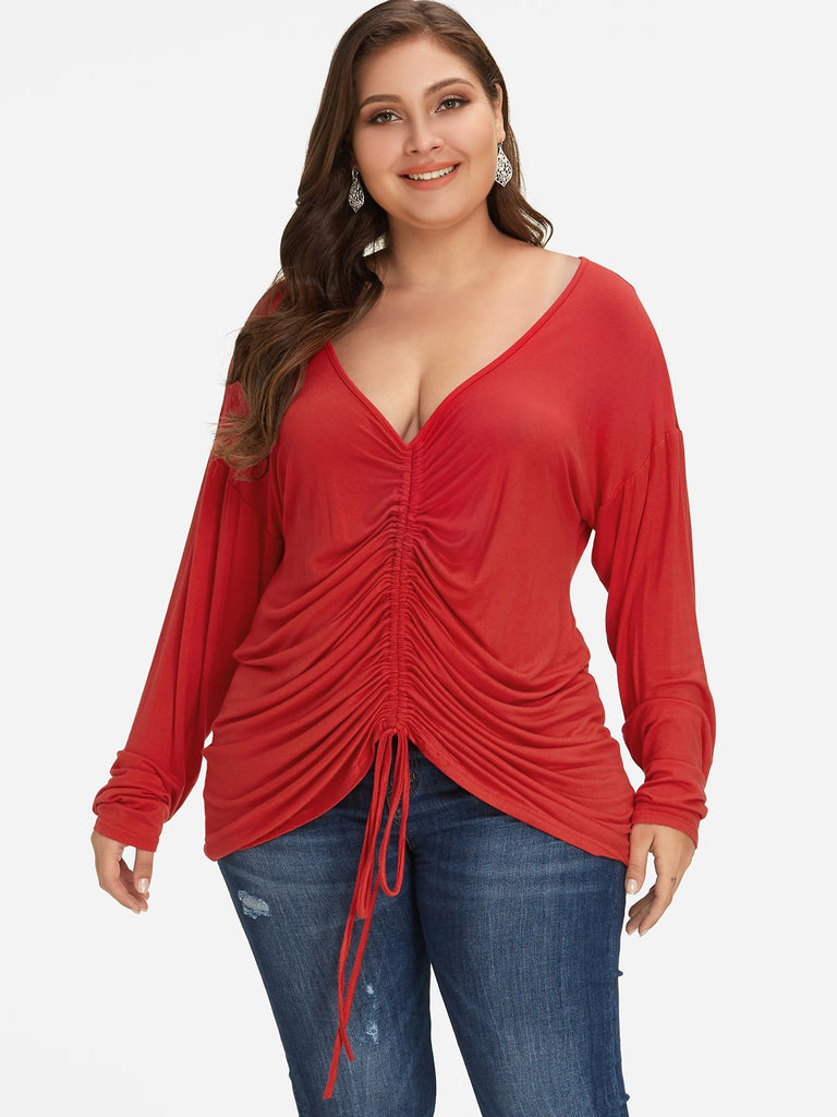 V-Neck Plain Pleated Long Sleeve Red Plus Size Tops
