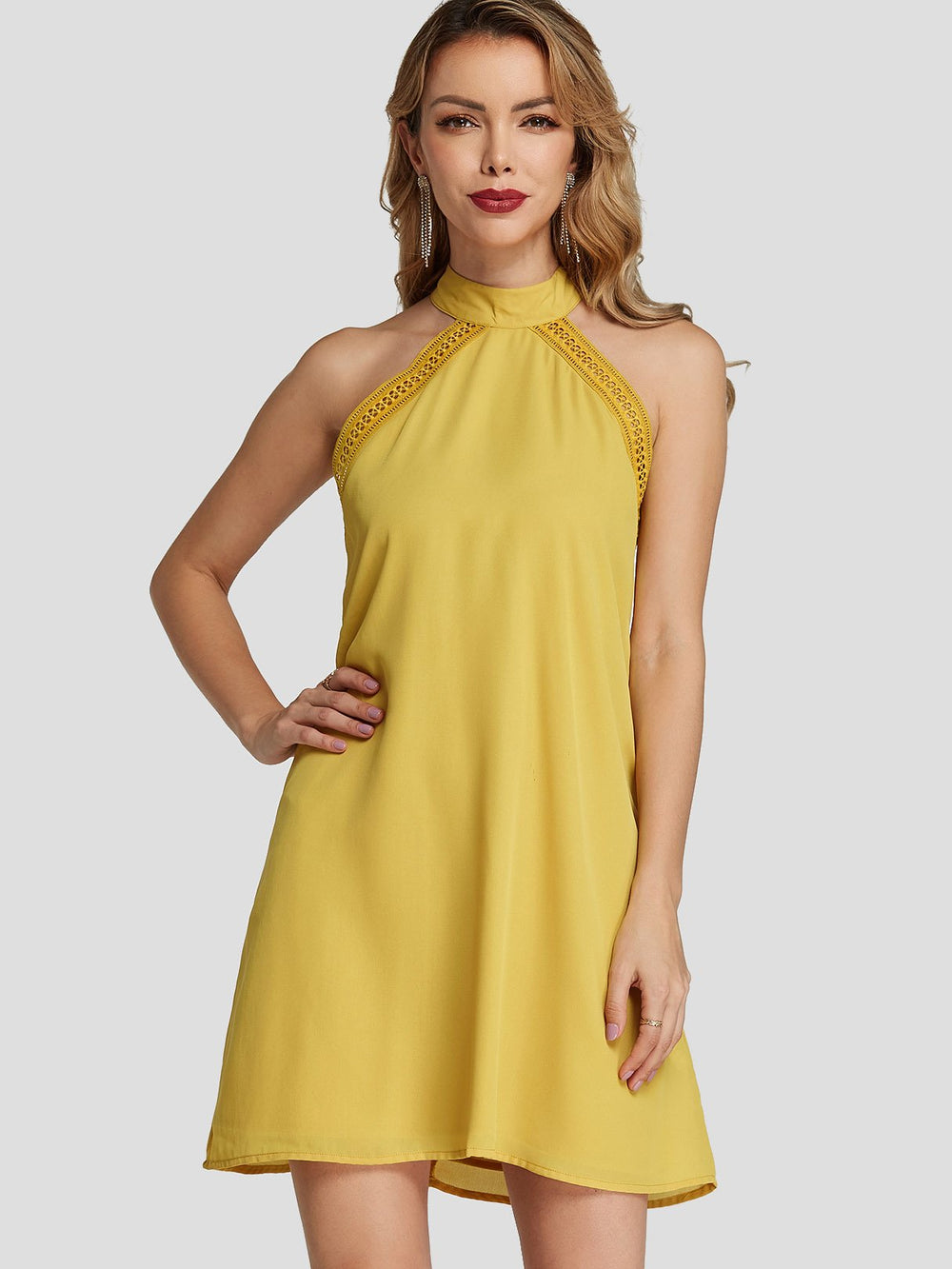 Yellow Halter Sleeveless Plain Zip Back Self-Tie Mini Dresses