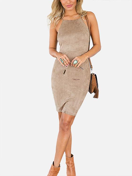 Halter Cold Shoulder Plain Backless Lace-Up Sleeveless Khaki Mini Dress