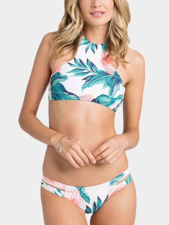 Halter Floral Print Lace-Up Sleeveless 2 Piece Bikini