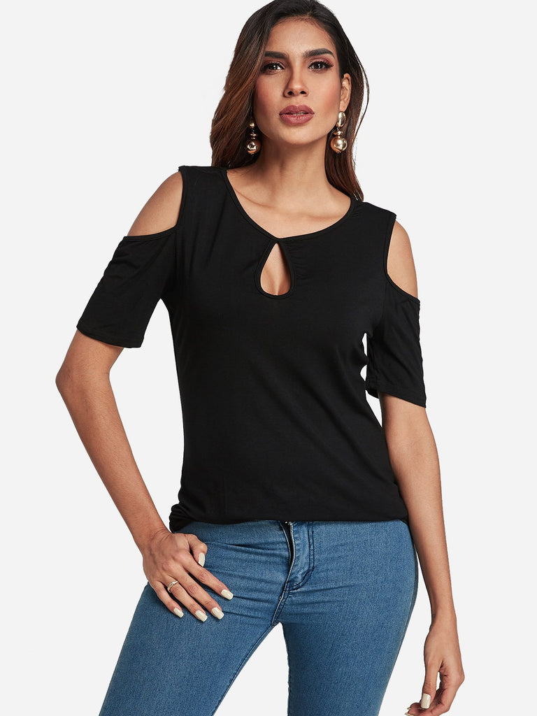 Round Neck Cold Shoulder Plain Cut Out Short Sleeve Black T-Shirts