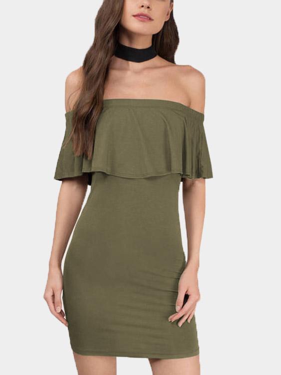 Army Green Off The Shoulder Short Sleeve Backless Mini Dress