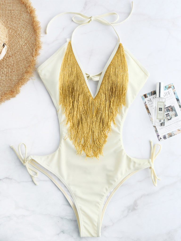 V-Neck Sleeveless Tassel Backless Tie-Up One-Pieces Swimwears