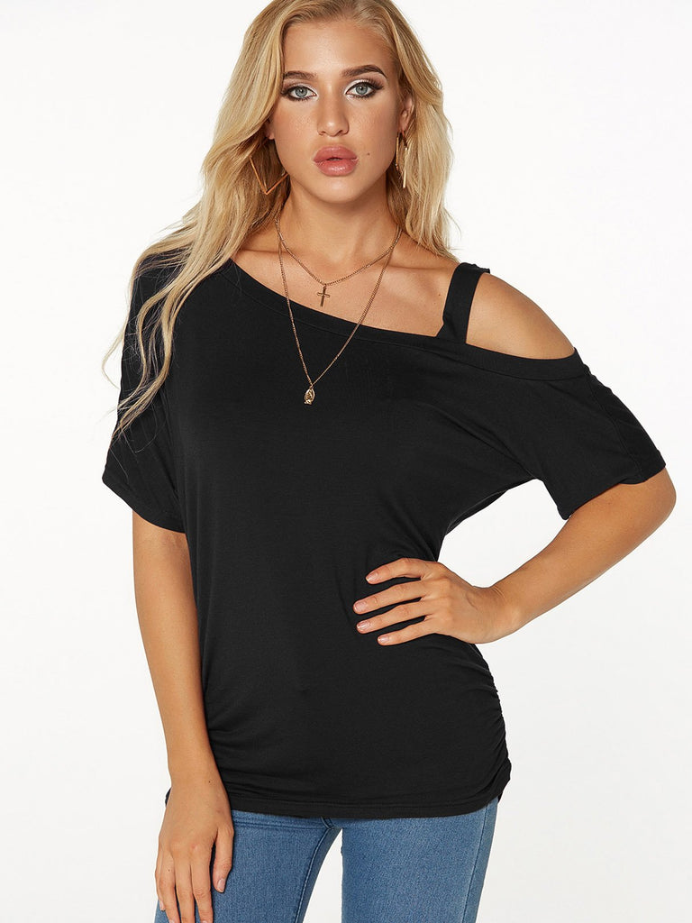 Cold Shoulder Pleated Short Sleeve Black T-Shirts