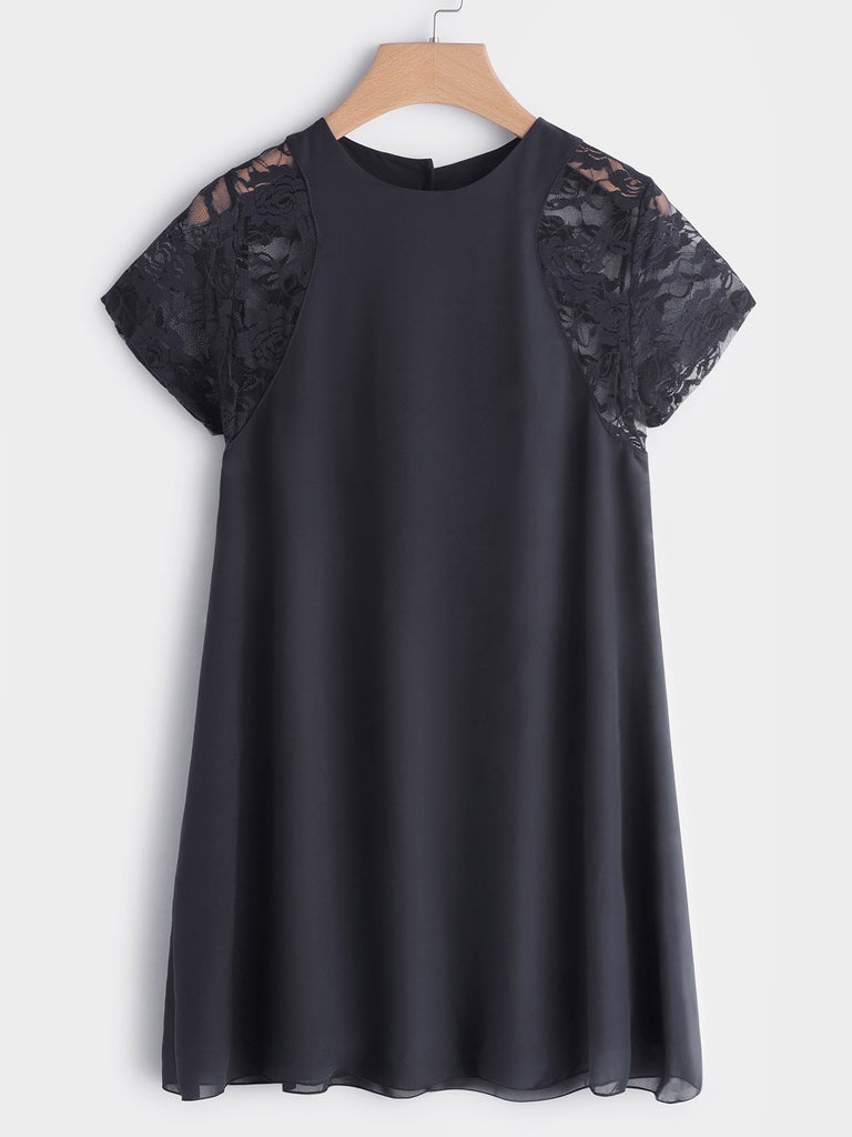 Round Neck Lace Short Sleeve Black Chiffon Dresses