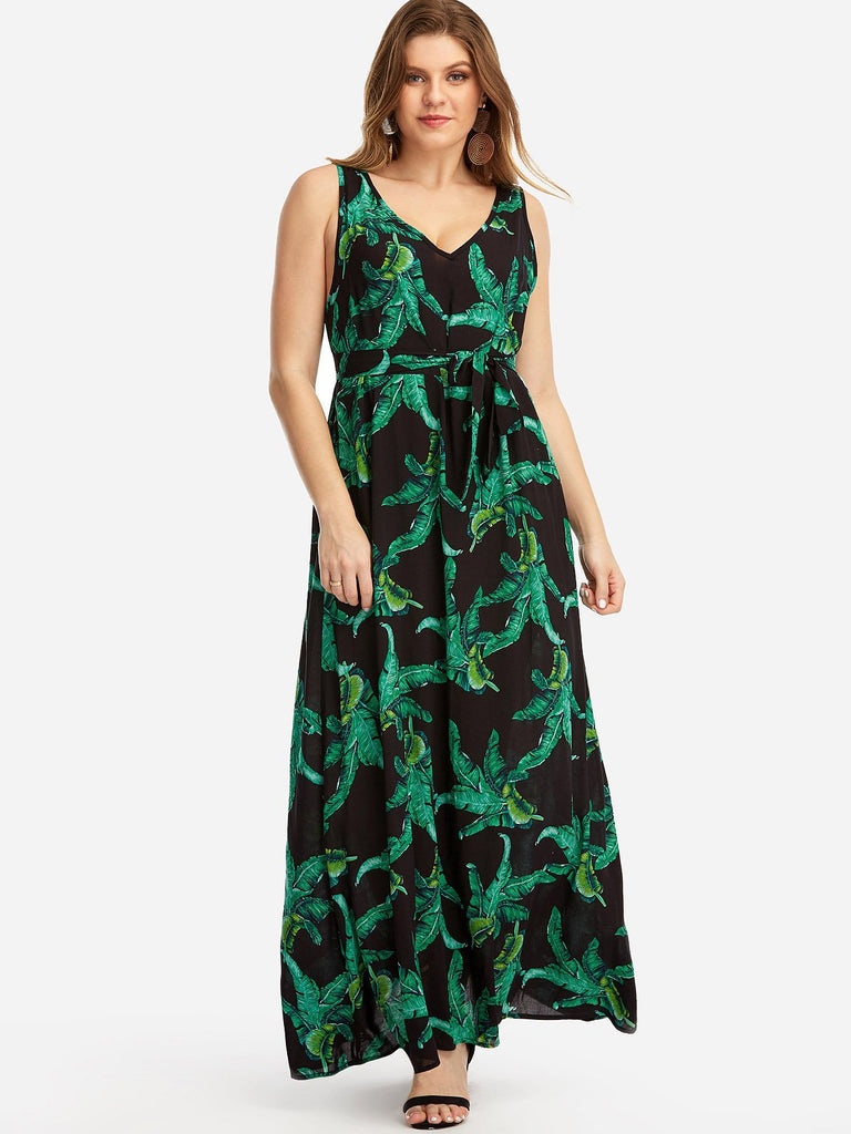V-Neck Floral Print Self-Tie Sleeveless Flounced Hem Plus Size Maxi Dress