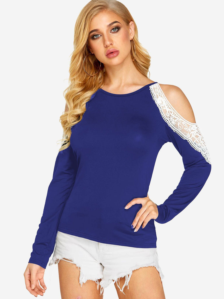 Round Neck Cold Shoulder Lace Long Sleeve Dark Blue T-Shirts