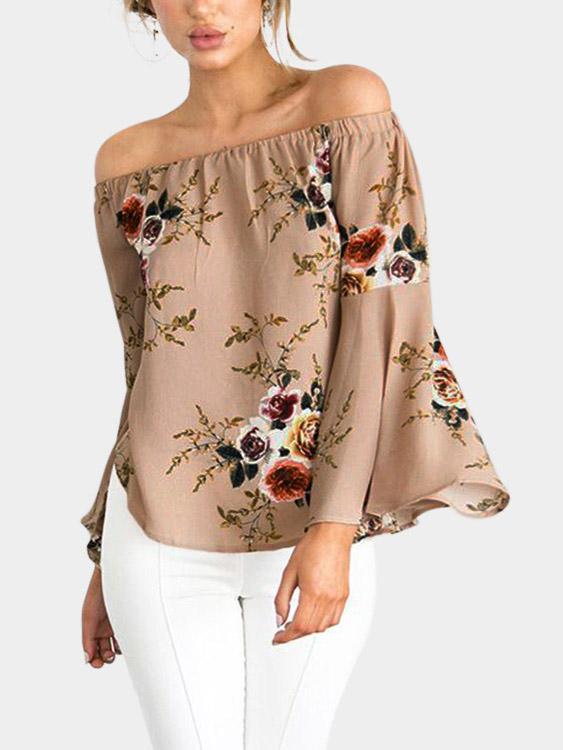 Off The Shoulder Floral Print Long Sleeve Blouses