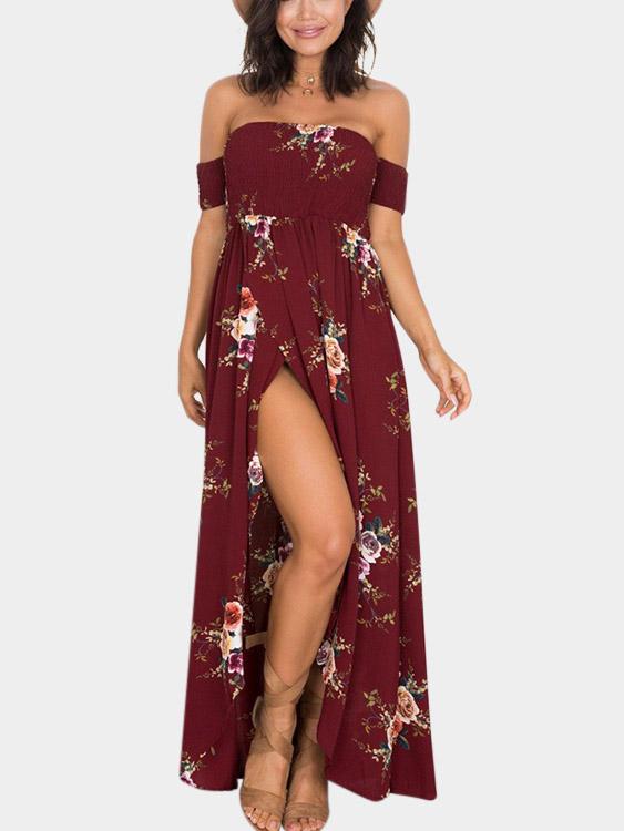 Burgundy Off The Shoulder Short Sleeve Floral Print Irregular Hem Dresses