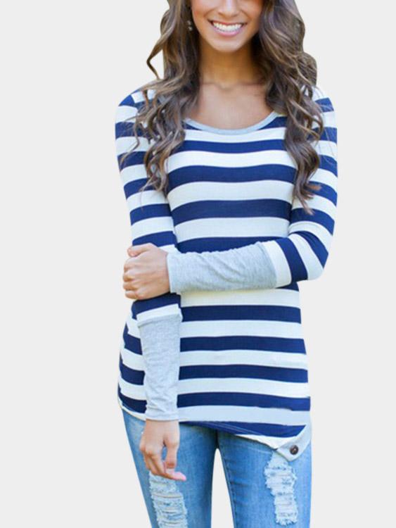 Round Neck Stripe Long Sleeve Irregular Hem Top