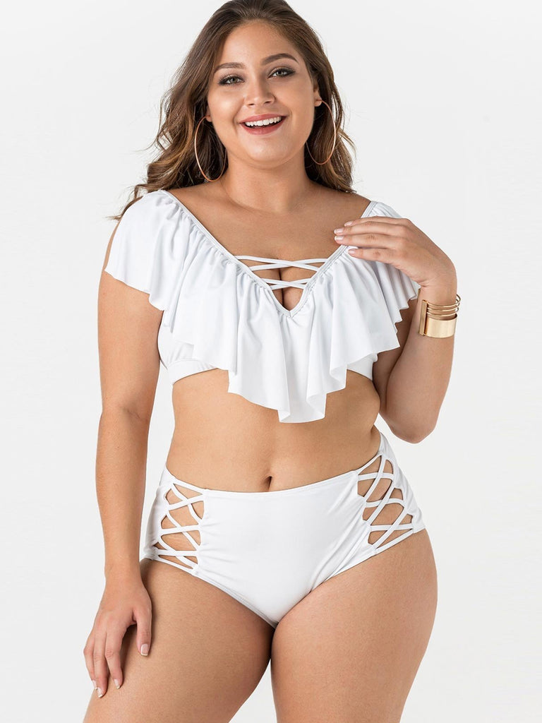 V-Neck Short Sleeve White Plus Size Swimwear